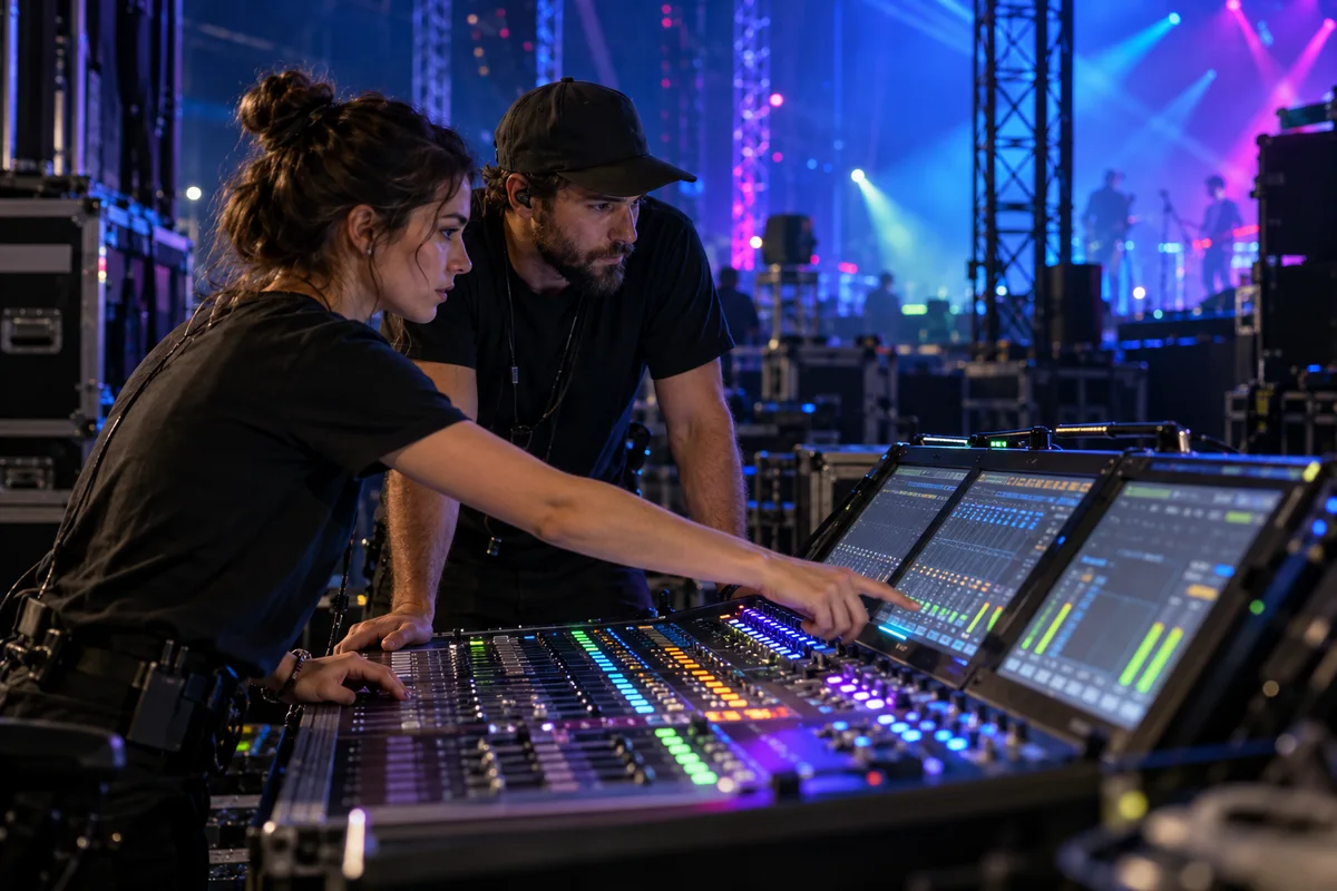 Techniciens son et lumière aux commandes en coulisses d’un concert